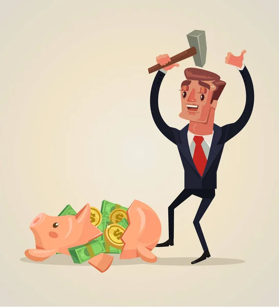 Businessman character smashed piggy bank and have a lot of money. Vector flat cartoon illustration — Stock Vector