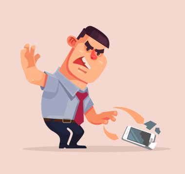 Kızgın mutsuz işadamı atma cep telefonu karakter ve bu şut. Vektör düz çizgi film illüstrasyon