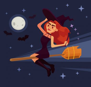 Kötü cadı kadın karakter uçan süpürge üzerinde. Vektör düz çizgi film illüstrasyon