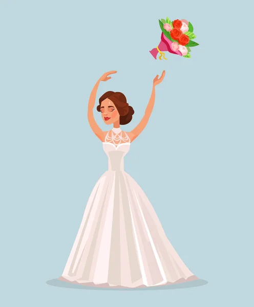Happy woman bride character throwing bouquet flowers in wedding. Vector flat cartoon illustration
