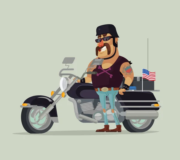 Gordo velho feliz sorridente homem motociclista personagem de pé perto de moto. Ilustração de desenho animado plano vetorial —  Vetores de Stock