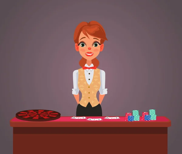 Smiling woman casino croupier character. Vector flat cartoon illustration — Stock Vector