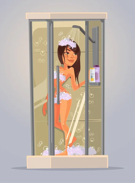 Gelukkig jonge vrouw Neem een douche. Vectorillustratie platte cartoon — Stockvector