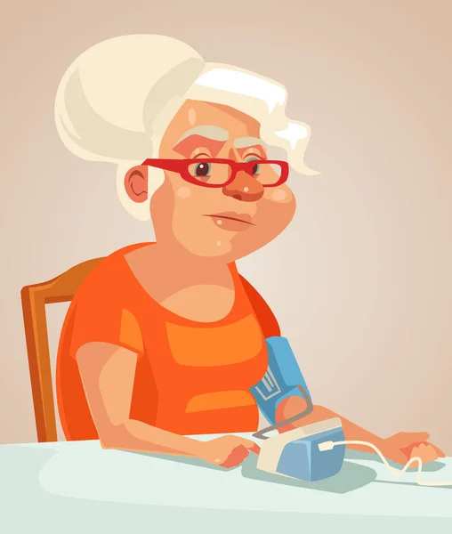 Grandmother character measuring blood pressure. Vector flat cartoon illustration — Stock Vector