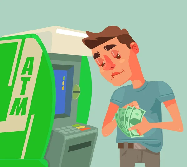 Personagem homem receber e contar dinheiro perto de ATM. Ilustração de desenho animado plano vetorial — Vetor de Stock