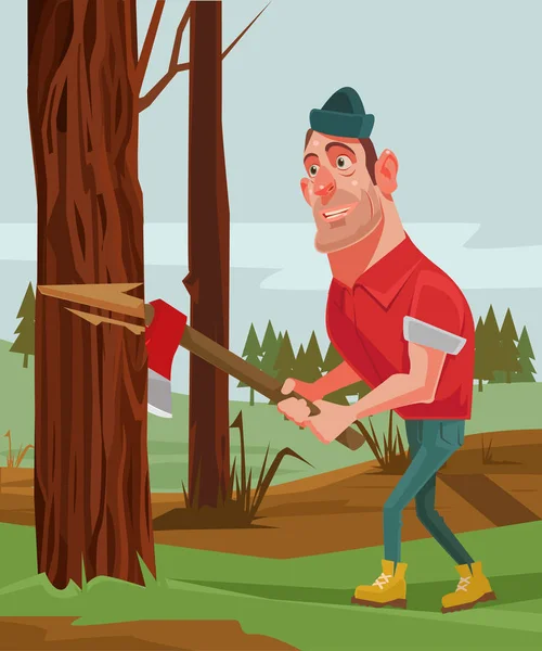 Hombre leñador personaje cortando madera. Vector plano ilustración de dibujos animados — Archivo Imágenes Vectoriales