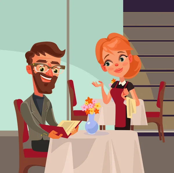 Офісний працівник чоловік персонаж робить замовлення і розмовляє з жінкою-офіціантом. Векторна плоска мультяшна ілюстрація — стоковий вектор