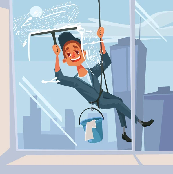 Usmívající se podložka zaměstnanec muž postavička Happy umýt okna. Plochý kreslené vektorové ilustrace — Stockový vektor