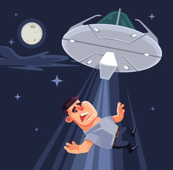 UFO tries to abduct man characters. Vector flat cartoon illustration — Stock Vector