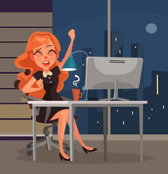 Personagem de mulher trabalhador de escritório boceja no local de trabalho. Ilustração de desenho animado plano vetorial —  Vetores de Stock