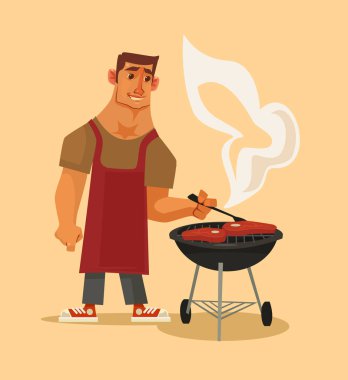 Barbekü partisi. Adam karakter mangal gülümseyen mutlu. Vektör düz çizgi film illüstrasyon