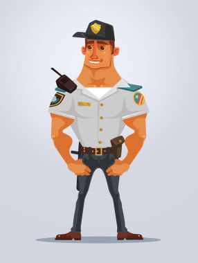 Mutlu gülümseyen güçlü kas polis karakter maskotu. Vektör düz çizgi film illüstrasyon