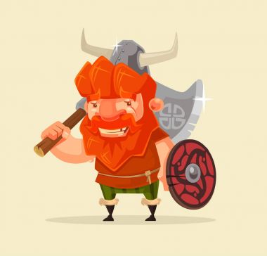 Mutlu gülümseyen dostu viking adam karakter maskotu. Vektör düz çizgi film illüstrasyon