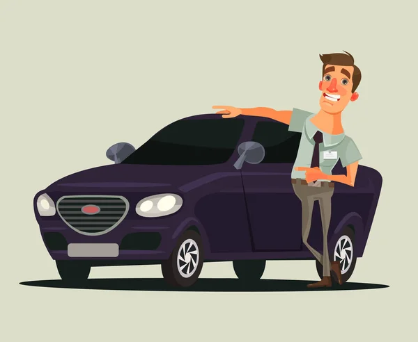 Feliz vendedor de coches sonriente personaje hombre mostrando coche nuevo. Vector plano ilustración de dibujos animados — Archivo Imágenes Vectoriales