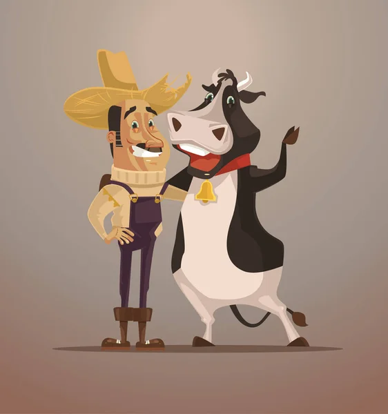 Happy smiling farmer man character hug cow. Best friends. Extreme sport. Vector flat cartoon illustration — Stock Vector