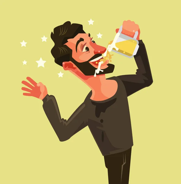 Personagem de homem feliz bebe cerveja com a boca aberta. Ilustração de desenho animado plano vetorial — Vetor de Stock