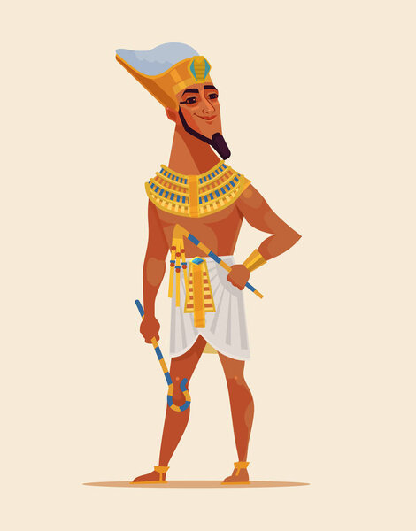 Happy smiling young Egyptian Pharaoh dressed golden clothes. Vector flat cartoon illustration