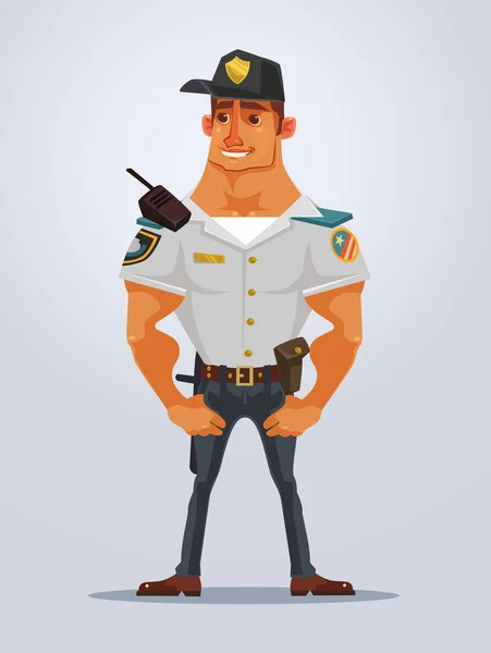 Gelukkig lachend sterke gespierde politieagent karakter mascotte. Vectorillustratie platte cartoon — Stockvector