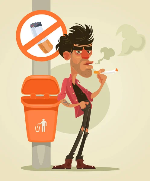 Плохой человек курит под знаком "нет дыма". Векторная плоская иллюстрация — стоковый вектор