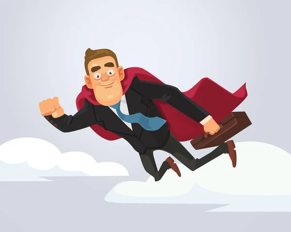 Feliz sorrindo bem sucedido empresário trabalhador de escritório personagem de super-herói voando e apontar para você. Ilustração de desenho animado plano vetorial — Vetor de Stock
