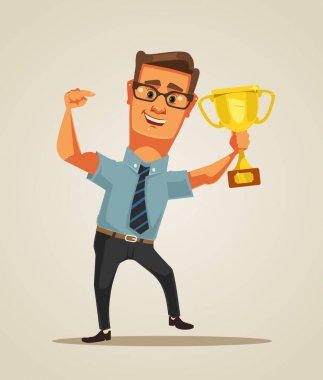 Mutlu kazanan işadamı karakter gülümseyen Altın Kupa tutar. Vektör düz çizgi film illüstrasyon