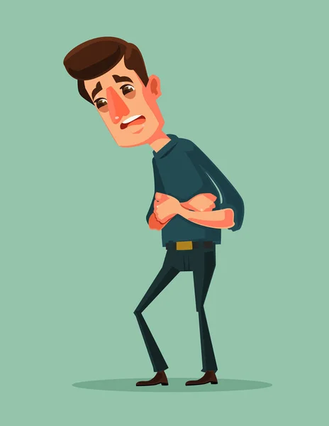 Dolor abdominal en el estómago. Sufrimiento infeliz hombre personaje sosteniendo sus manos en el abdomen. Vector plano ilustración de dibujos animados — Vector de stock