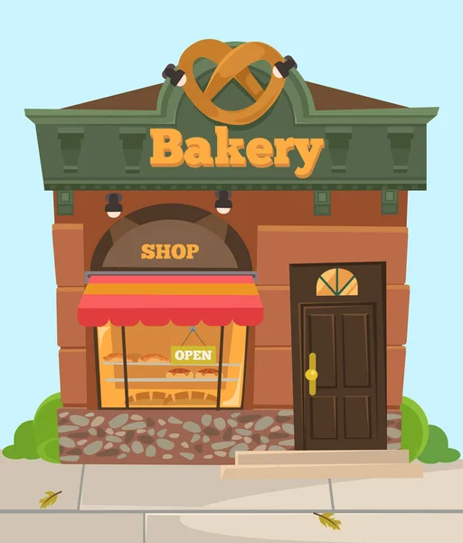 Panadería chocolate dulce tienda de la ciudad. Vista frontal. Vector plano ilustración de dibujos animados — Archivo Imágenes Vectoriales