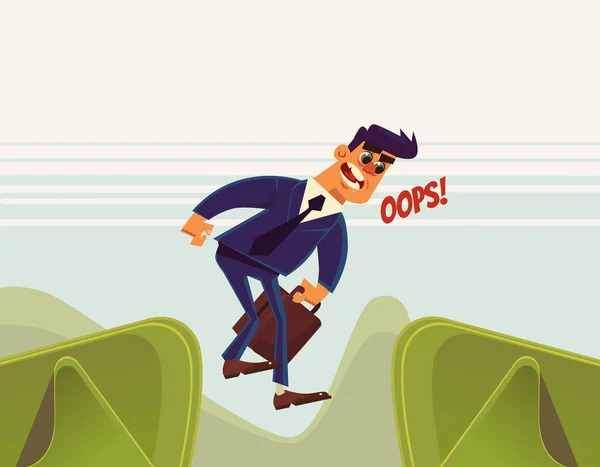 Geschäftsmann Büroangestellter springt über Schlucht und stürzt. Vektor flache Cartoon-Illustration — Stockvektor