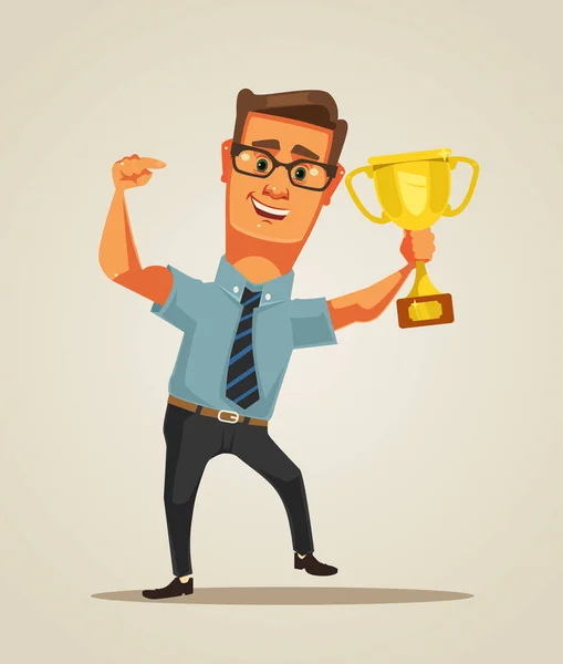 Happy winner smiling businessman character holds golden cup. Vector flat cartoon illustration — Stock Vector