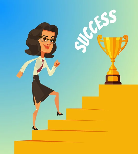 Feliz sorridente personagem mulher de negócios subindo escadas para o sucesso e copo de ouro. Ilustração de desenho animado plano vetorial —  Vetores de Stock