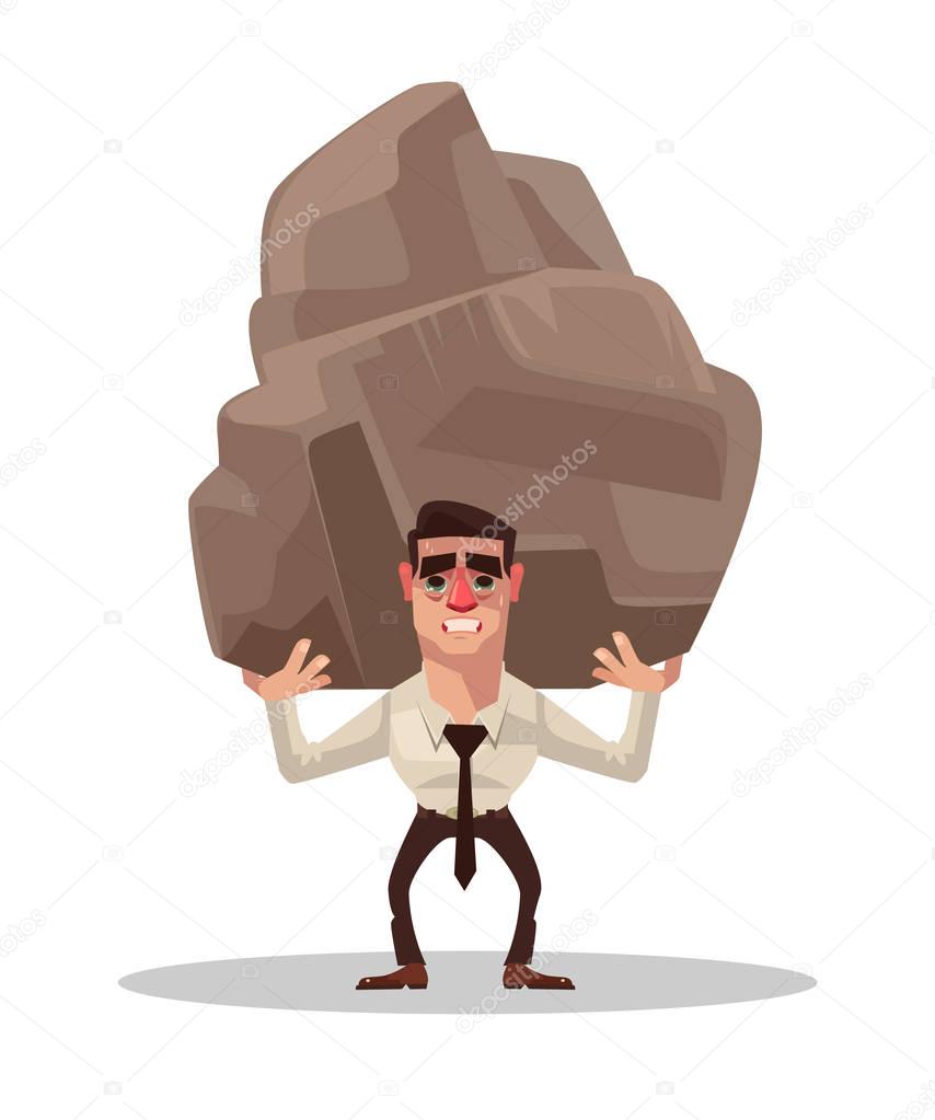 Businessman office worker character holding big stone. Vector flat cartoon illustration