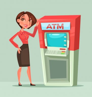 Mutlu gülümseyen banka Danışmanı Yöneticisi kadın ATM. vektör düz çizgi film çizim yanında ayakta