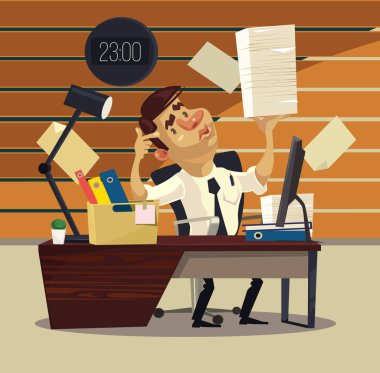 Mutsuz yorgun ofis işçi iş adamı pek çok eser var. Vektör düz çizgi film illüstrasyon