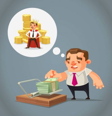 Ruined unemployed businessman character trying take money from trap. Vector flat cartoon illustration clipart