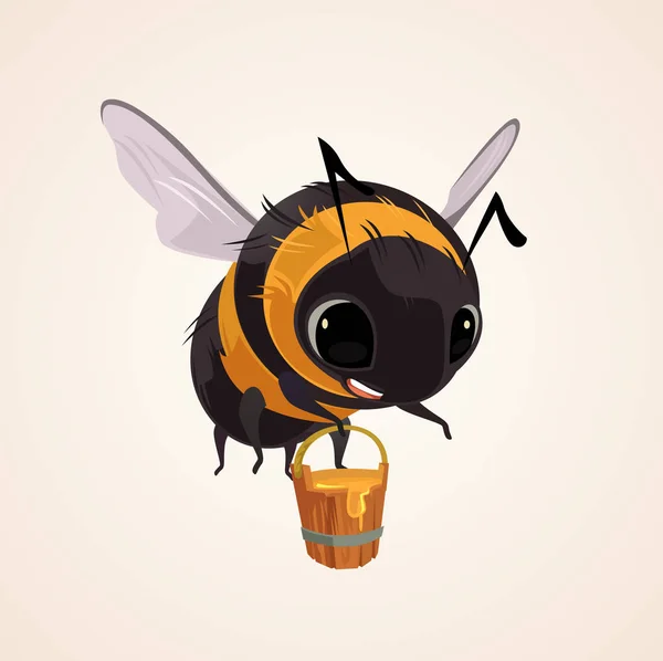Lyckligt leende flygande bee karaktär maskot håll trä hink full med honung. Flat tecknad vektorillustration — Stock vektor