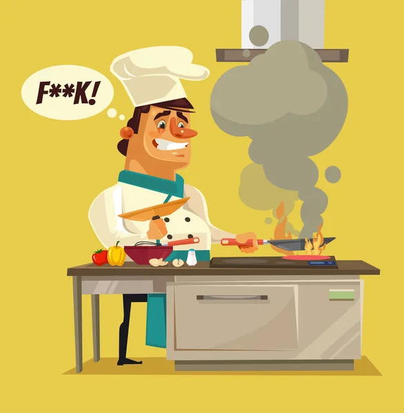Boos triest slechte chef-kok karakter branden voedsel. Vectorillustratie platte cartoon — Stockvector