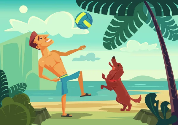 Feliz personaje sonriente jugando pelota con su perro alegre en la playa. Vector plano ilustración de dibujos animados — Archivo Imágenes Vectoriales