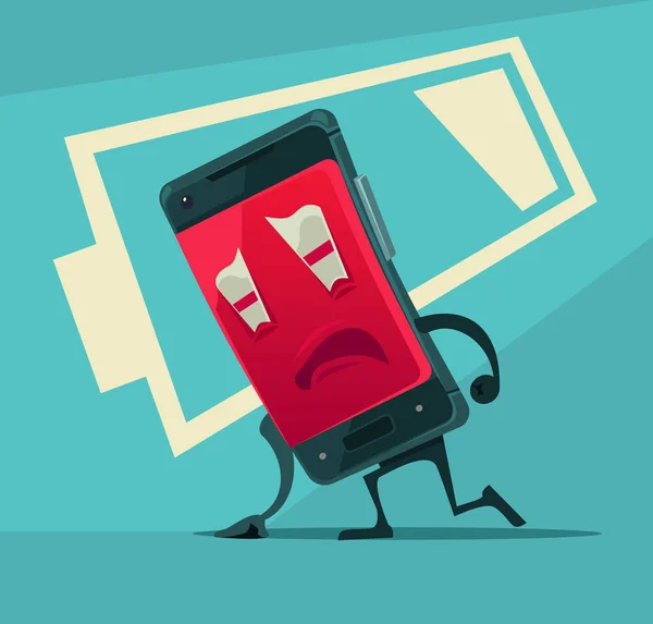 Triste infelice stanco smartphone con energia batteria scarica. illustrazione del fumetto piatto vettoriale — Vettoriale Stock