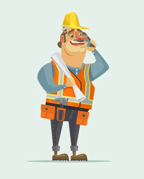 Feliz sorrindo trabalhador da construção capataz chefe homem falando no telefone móvel. Ilustração de desenho animado plano vetorial — Vetor de Stock