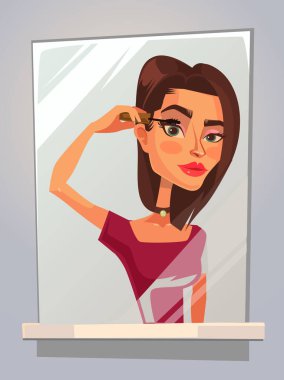 Mutlu gülümseyen kadın maskot karakter boya kirpik ve makyaj yapıyor. Vektör düz çizgi film illüstrasyon