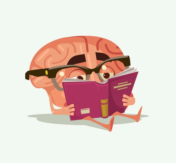 Ευτυχής χαμογελαστοί εγκεφάλου χαρακτήρα διαβάσει το βιβλίο. Επίπεδη καρτούν εικονογράφηση φορέα — Διανυσματικό Αρχείο