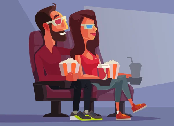 Feliz casal sorridente mascote personagem no cinema assistindo filme. Ilustração de desenho animado plano vetorial — Vetor de Stock