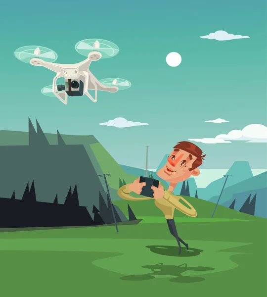 Feliz personaje sonriente mascota jugando con un dron. Vector plano ilustración de dibujos animados — Archivo Imágenes Vectoriales