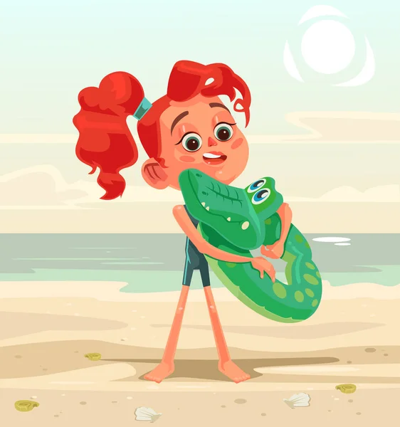 Happy smiling little girl child character mascot on the beach. Vector flat cartoon illustration — Stock Vector