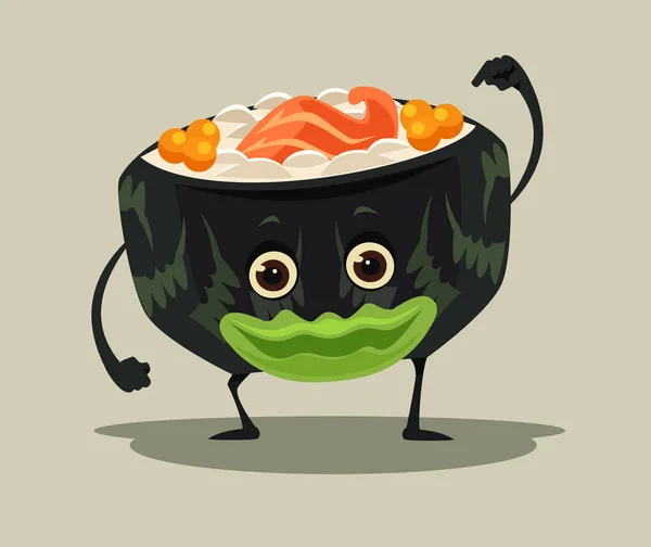 Feliz sorrindo sushi roll mascote personagem. Ilustração de desenho animado plano vetorial — Vetor de Stock