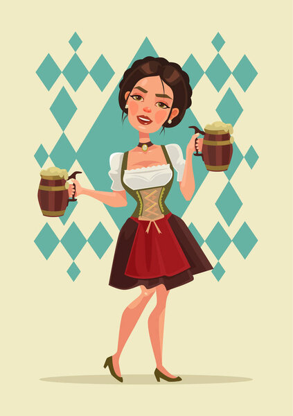 Happy smiling woman with beer mug mascot character. Oktoberfest. Vector flat cartoon illustration