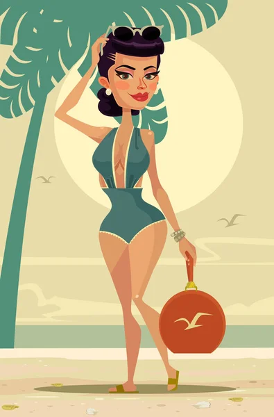 Feliz personaje de la mascota sonriente mujer en la playa. Vector plano ilustración de dibujos animados — Archivo Imágenes Vectoriales