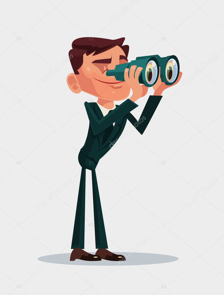 Happy smiling businessman office worker mascot character looks future through binoculars. Vector flat cartoon illustration