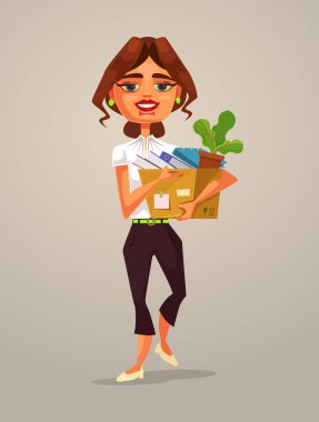 Yeni işin için mutlu gülümseyen kadın ofis işçi karakter. Vektör düz çizgi film illüstrasyon