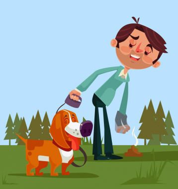 Mutlu gülümseyen adam sahibi karakter temizlemek onun köpek sonra. Vektör düz çizgi film illüstrasyon